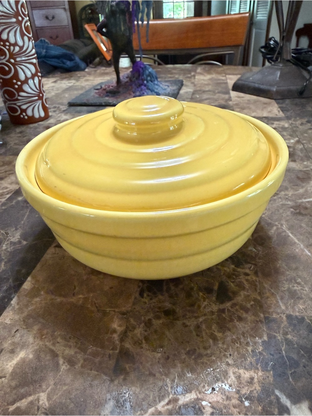 Vintage Bauer Pottery USA Yellow covered casserole bowl with lid.